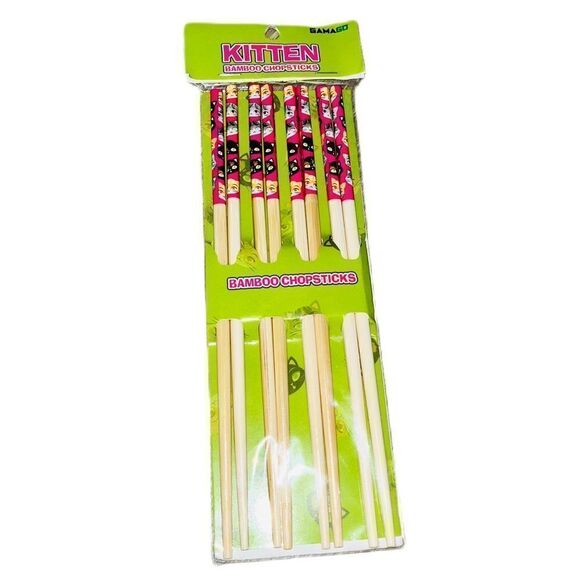 Set of 4 Reusable Eco-Friendly Bamboo Chopsticks w/ Cute Kittens Design Hot Pink - Picture 5 of 10